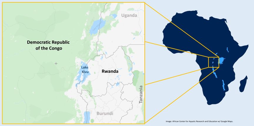 Lake Kivu map with focus and zoomed out view