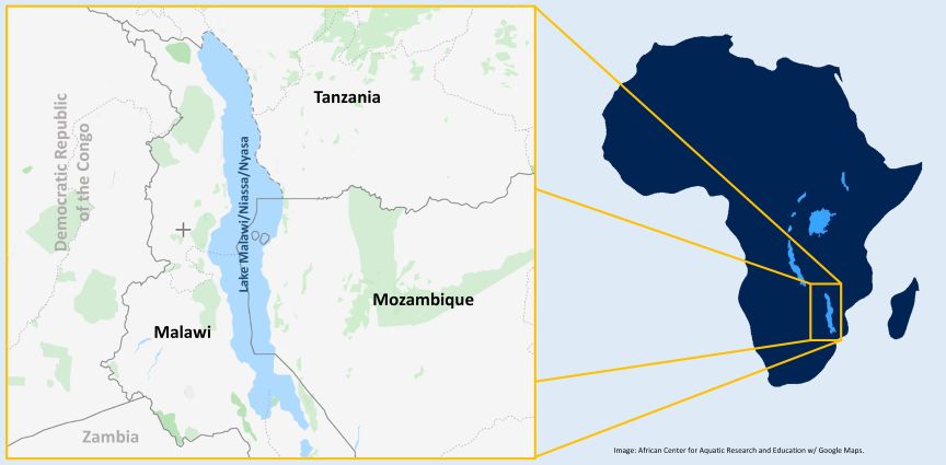 Lake Malawi / Niassa / Nyasa map with focus and zoomed out view