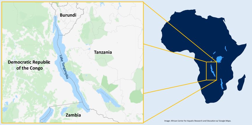 Lake Tanganyika map with focus and zoomed out view