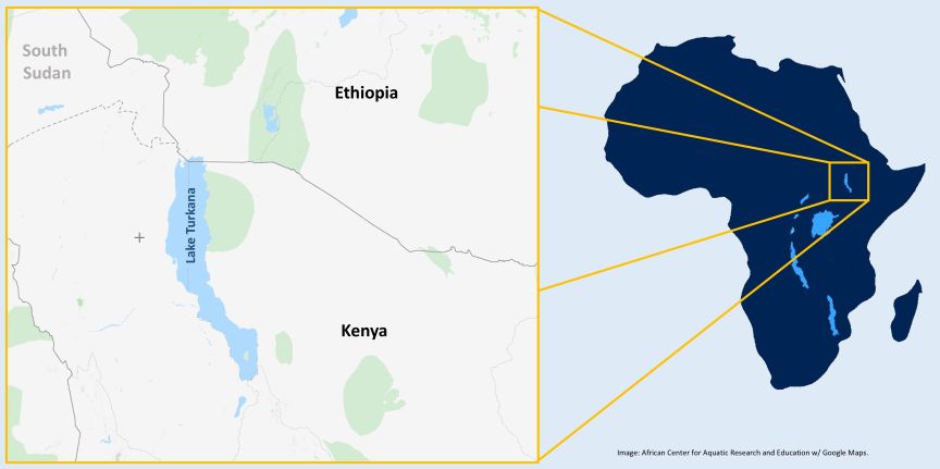 Lake Turkana map with focus and zoomed out view