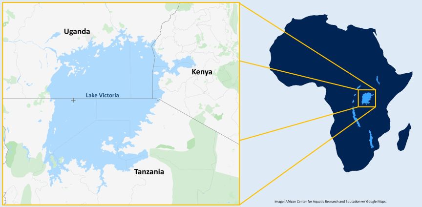 Lake Victoria map with focus and zoomed out view